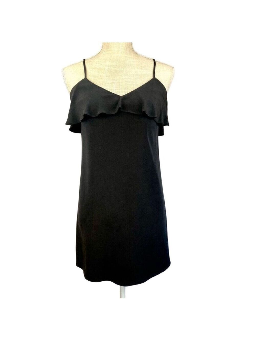 Tibi Black Dress 100% Silk Mini Length Ruffled Top Back Woman’s Sz 0 XS